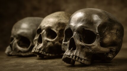 Obraz premium Three Distinct Human Skulls Displayed in Artistic Arrangement for Educational and Artistic Purposes, Showing Detailed Features and Textures