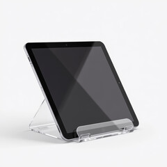 Sleek tablet with black screen displayed transparent stand against white background, showcasing modern technology and minimalist design. device appears ready for use or display, evoking sense