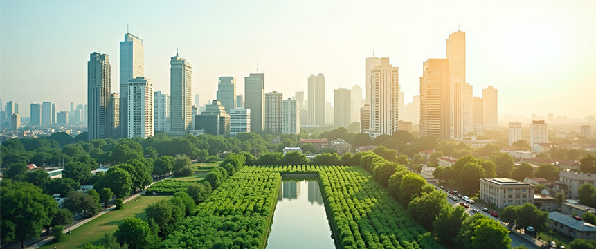 Photo Realistic Top View of a City with Urban Agriculture Overlay: Double Exposure Concept for Green Cities and Sustainable Food Systems with Copy Space