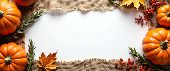Fototapeta premium Photo realistic rustic border frame with burlap and dried herbs, perfect for Thanksgiving. Ample copy space for text in a warm, inviting design.