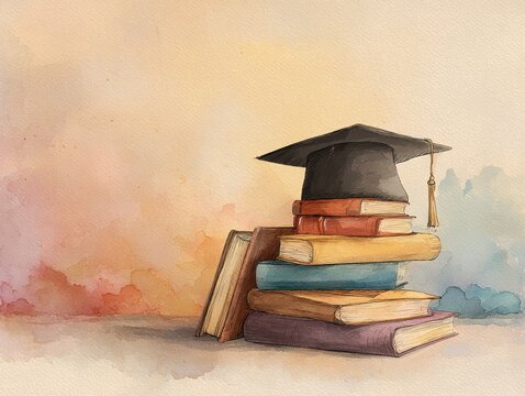 graduation cap and stacked books set against a soft watercolor backdrop, warm hues with ample space for personalized text, elegant and inspiring composition. High quality