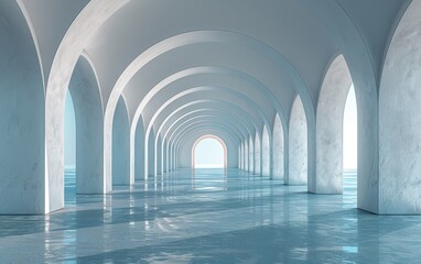 Abstract 3D render of white arches with gradient center, minimalist background for product showcase, presentation, or branding space