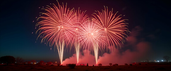 Fototapeta premium Innovative Fireworks: Bold Color Bursts and Synchronized Light Choreography for Modern Celebrations - Photo Stock Concept with Lively Excitement and Empty Space for Customization