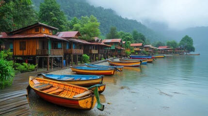 Obraz premium Picturesque Lakeside Village in the Rain