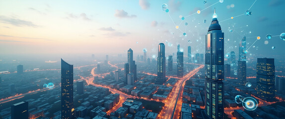 Naklejka premium Photo realistic top view of a city blended with tech innovation hubs, showcasing modern business districts in double exposure with ample copy space for creative concepts.
