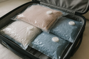 Vacuum sealed travel bags in suitcase for efficient packing and space saving