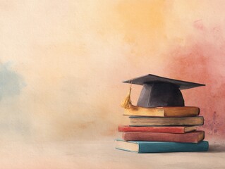 graduation cap and stacked books set against a soft watercolor backdrop, warm hues with ample space for personalized text, elegant and inspiring composition. High quality