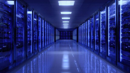Fototapeta premium Futuristic Data Center with Rows of Server Racks Illuminated by Blue Light and Reflective Floor for Technology and Digital Infrastructure Projects