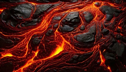 An overhead view of flowing lava with black rocks in a volcanic landscape