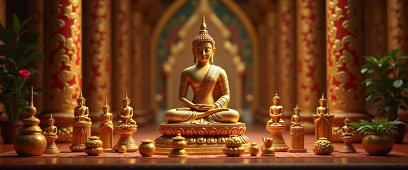 Fototapeta premium Vesak Icons in Ornate Temples: A Symbolic Celebration of Devotional Artistry with Ambient Glow - Perfect for Photo Stock with Space for Text