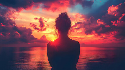 Fototapeta premium Silhouette of a Woman Gazing at Fiery Sunset Over Calm Ocean