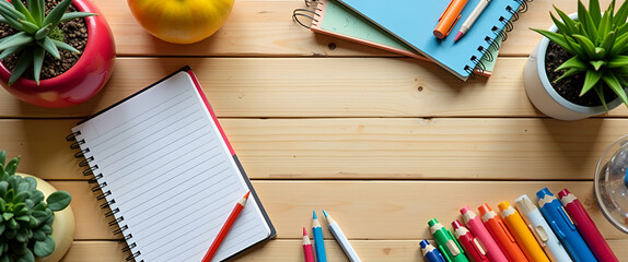 School Stationery on Wooden Table: Education Tools and Learning Materials for Academic Organization in a School Environment with Empty Space