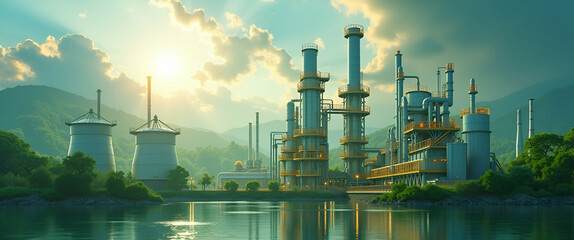High efficiency bioenergy facility demonstrating state of art biomass processing and renewable fuel synthesis with integrated eco sustainable technologies in  Photo Stock  Concept  and empty space on 