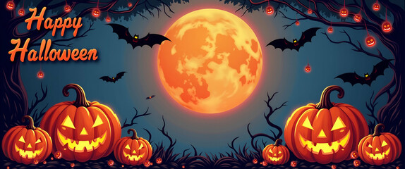 Photo realistic as Jack o Lantern and Bat Border with Happy Halloween Wording concept as A classic border frame featuring jack o lanterns and bats perfect for Halloween celebrations. The words Happy H