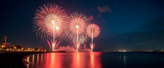 Spectacular summer fireworks show illuminates coastal skies with innovative pyrotechnic displays and mesmerizing light patterns creating an unforgettable seaside celebration in  Photo Stock  Concept  