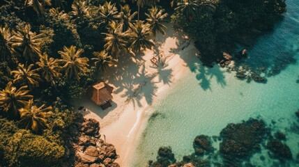 Aerial view secluded tropical beach palm trees hut turquoise water summer vacation paradise