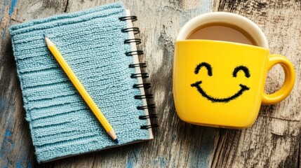 Happy yellow mug with notepad and pencil on rustic wood