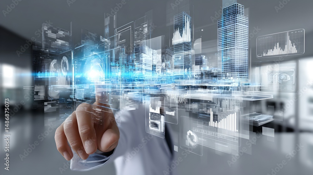 Poster individual engaging with a touch screen interface in a professional high-tech environment