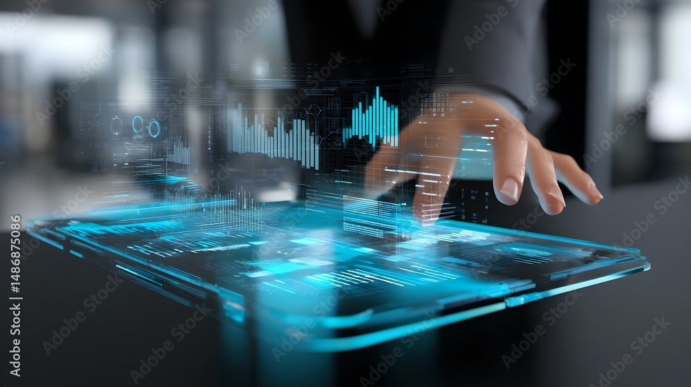 Poster person touching a tablet screen to access digital content and interactive information seamlessly