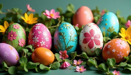 Colorful Easter eggs decorated with various paints and embellishments, ready for display , Easter bunny, egg hunt