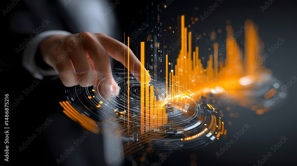 Poster person touching a fingerprint sensor on a digital device in a professional setting