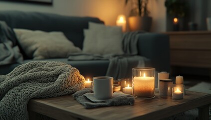 Cozy living room with candles, and warm evening.