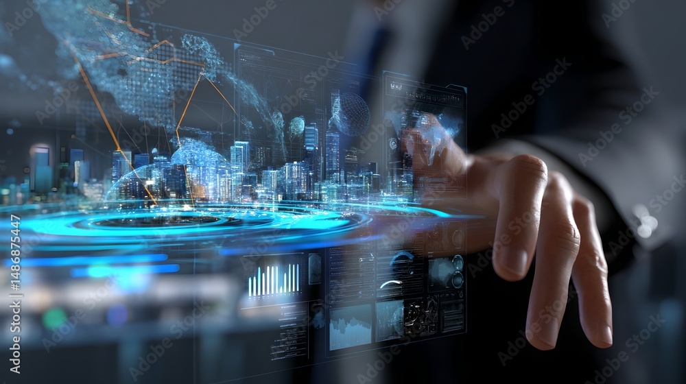 Poster individual touching a virtual interface multiple times in a futuristic digital space
