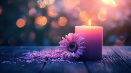 Pink candle and gerbera daisy soft lighting serene mood romantic atmosphere