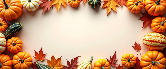 Assorted Pumpkins and Gourds Border Frame with Autumn Copy Space for Thanksgiving Messages - Perfect for Fall Decor and Seasonal Greetings in Photo Stock
