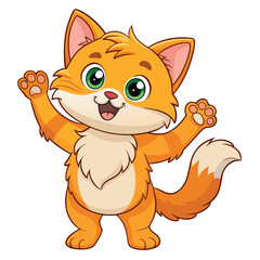 A fluffy ginger kitten standing on its hind legs with a paw raised and a joyful expression with white background.