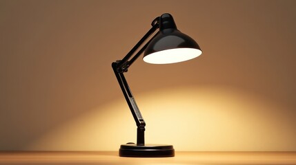 Illuminated adjustable desk lamp on wooden surface