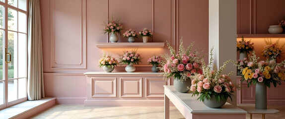 Elegant Mother's Day Flower Shop Ambiance: Artistic Floral Displays & Sophisticated Arrangements for Premium Branding in Photo Stock Concept