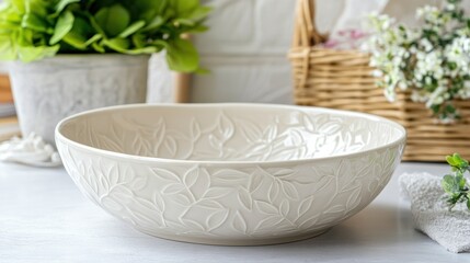 Embossed leaf pattern ceramic bowl home decor kitchen and bathroom elegant tabletop still life