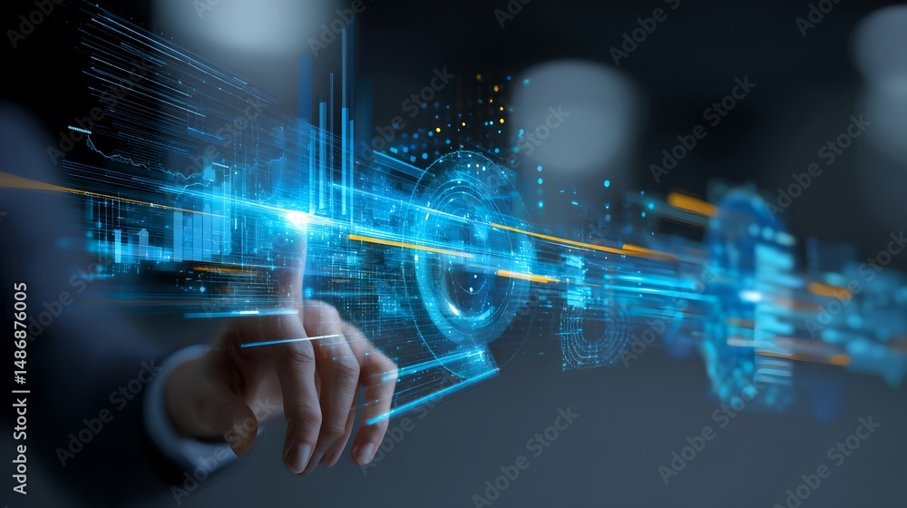 Poster individual touching a futuristic interface with holographic elements and advanced features