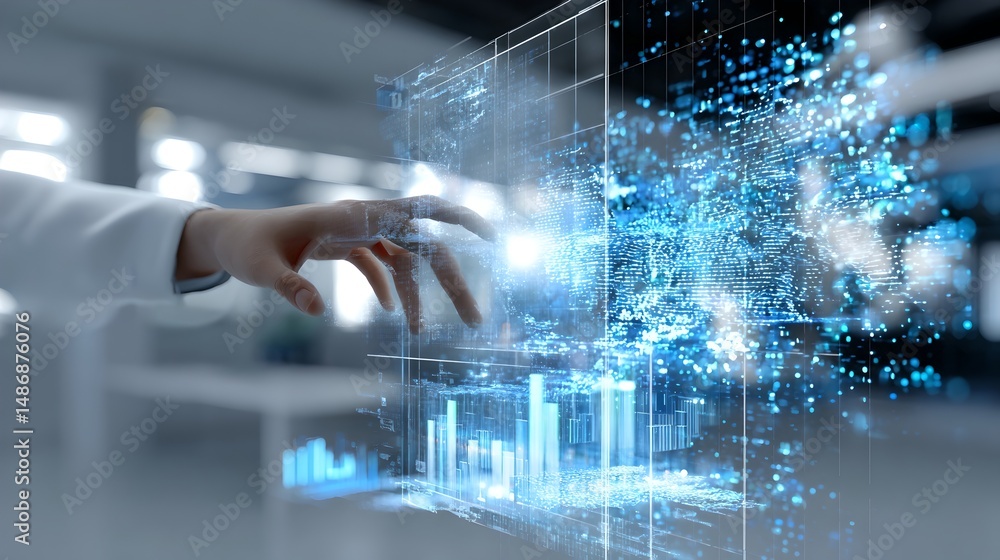 Poster person engaging with a touch screen display in a high-tech environment filled with data