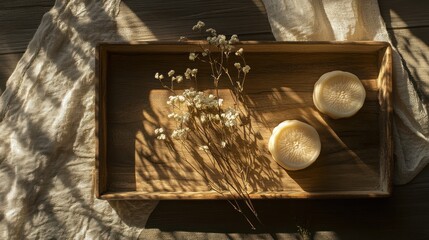 Serene spa soaps and dried flowers minimalist beauty product photography