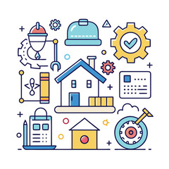  a design concept for a construction or home improvement website using these line icons with white background.