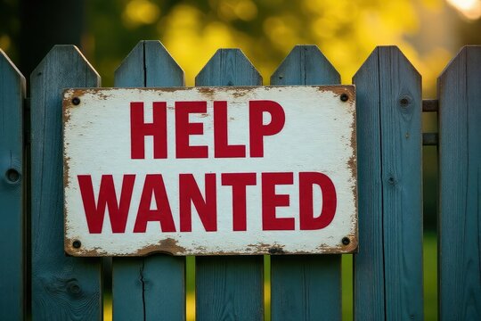 Help wanted sign on a weathered wooden fence, signifying job opportunities , job fair, wood, employment opportunity