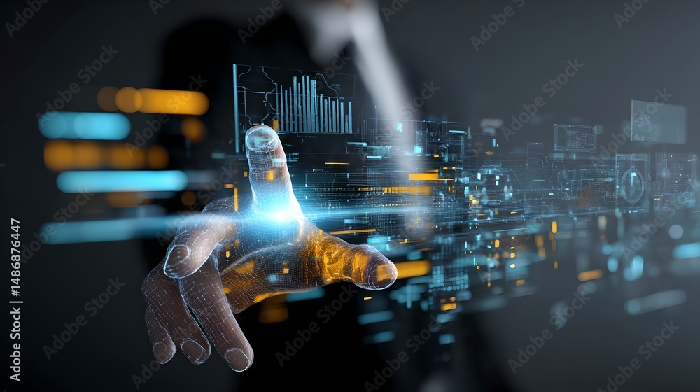 Poster person engaging with touch screen display showcasing advanced technology and user interaction