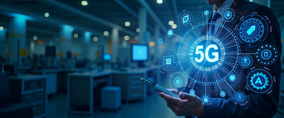 Innovative 5G Industrial Solutions: Transformative Connectivity & Automation for Optimized Manufacturing - Photo Stock Concept with Left Space