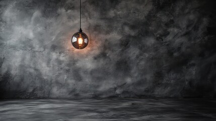 Illuminated hanging bulb against textured dark gray wall