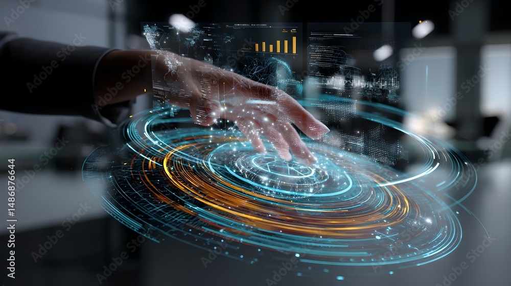 Poster individual engaging with a futuristic interface displaying advanced technology and data
