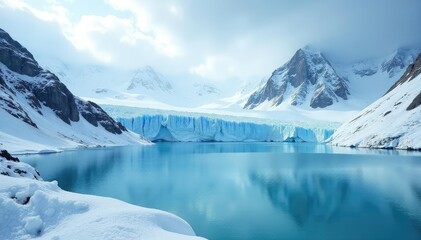 Icy blue glacier landscape, stark white snow, frozen lake, cold winter scene , glacial lake, antarctica