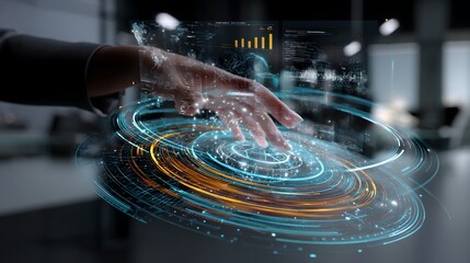 Individual engaging with a futuristic interface displaying advanced technology and data
