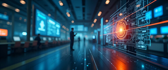 Advanced Earthquake Warning System: High-Tech Sensor Arrays & Digital Displays for Real-Time Seismic Alerts - Stock Photo Concept with Empty Left Space