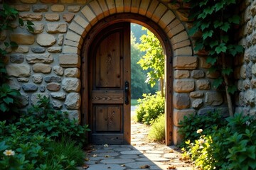 Antique wooden door swings open revealing a path , rustic door, wooden door, passageway