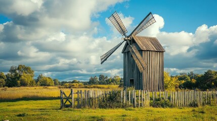 Fototapeta premium Old wooden windmill in a golden field