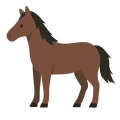 A cartoon-style illustration of a brown horse with a dark mane and tail, black hooves, standing on all four legs.