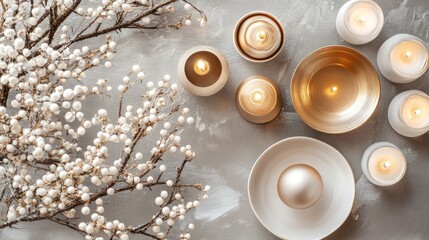 White and gold candles decorative branch and elegant bowls calming home decor