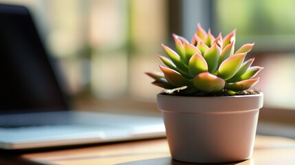 Succulent plant on desk next to laptop home office setup